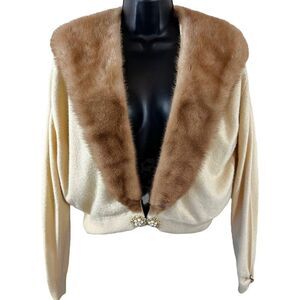 Vintage 60's HADLEY Cashmere Sweater with Mink Fur Collar & Rhinestone Accents